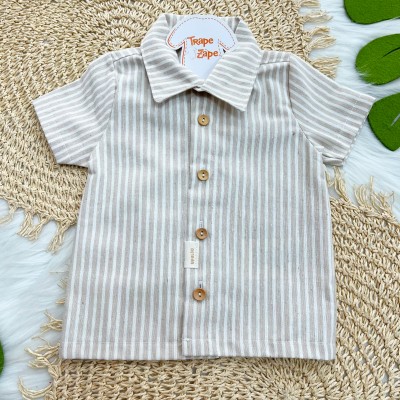 Conj Camisa de Botão e Short em Linho listrado Areia